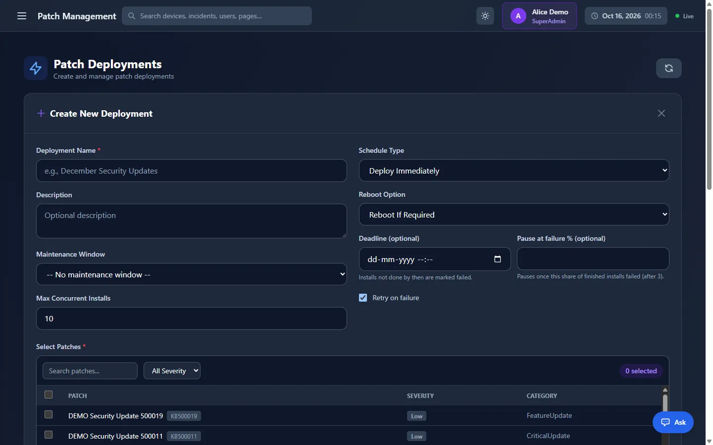 DeviceManager Patch Management Create New Deployment form with schedule type, reboot option, maintenance window, deadline and retry settings