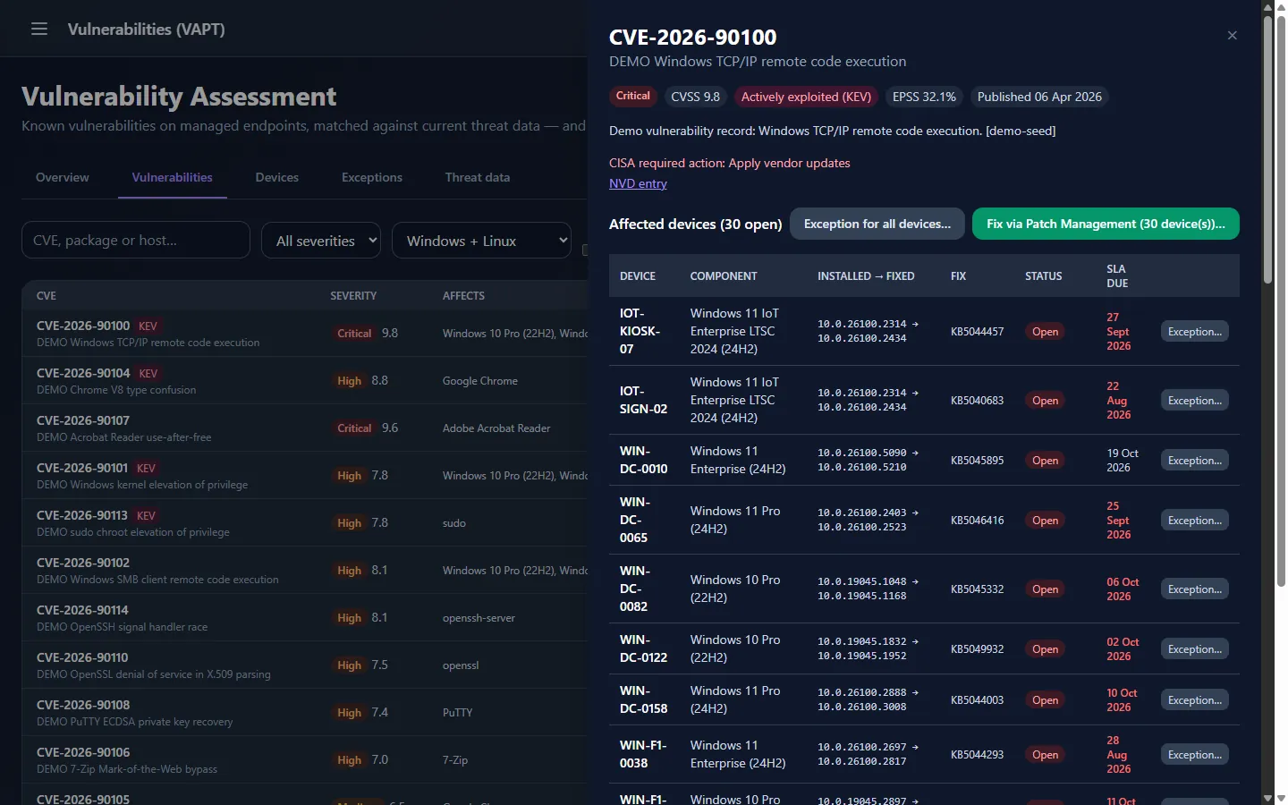 DeviceManager CVE drawer for a critical, actively exploited Windows vulnerability: CVSS 9.8, EPSS 32.1 percent, CISA required action, and 30 affected devices with installed and fixed build numbers, KB, status and SLA due date