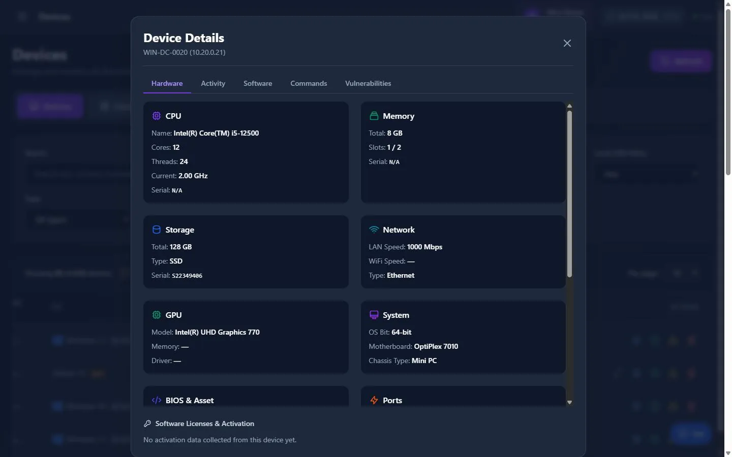 Device Details window on the Hardware tab with CPU, memory, storage, network, GPU and system information for one managed device